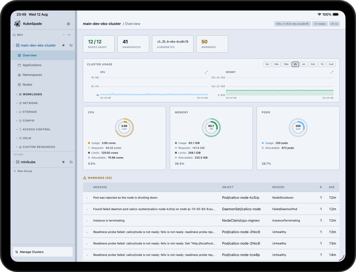 KubeSpade iPad cluster overview in light theme