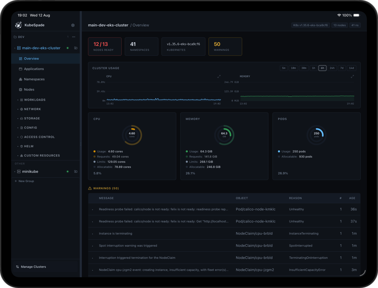 KubeSpade on iPad showing cluster CPU, memory, and pod metrics