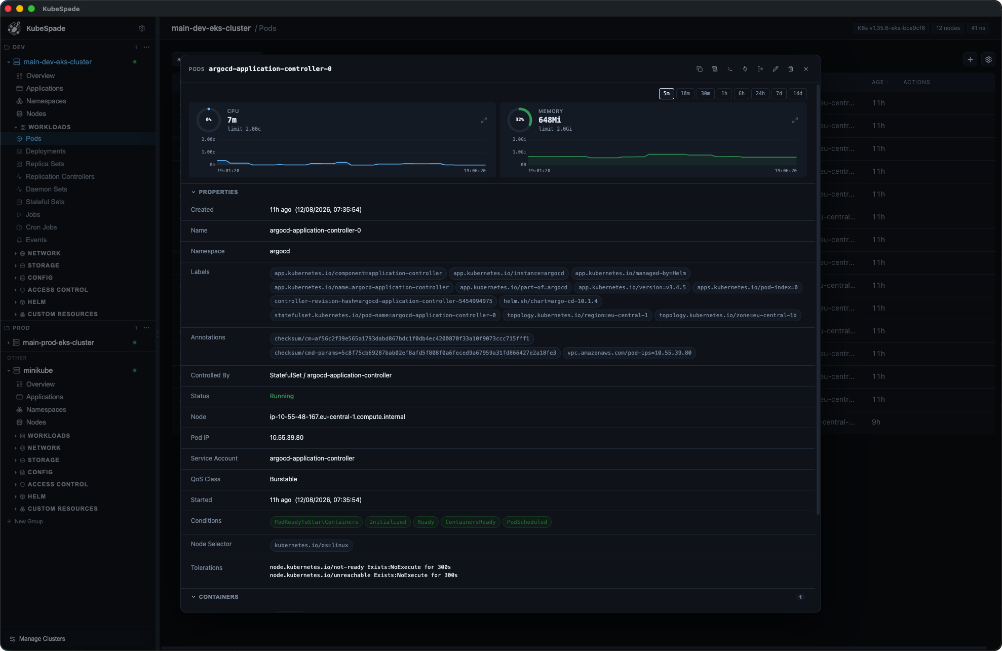 KubeSpade pod detail view with CPU, memory charts, and resource properties