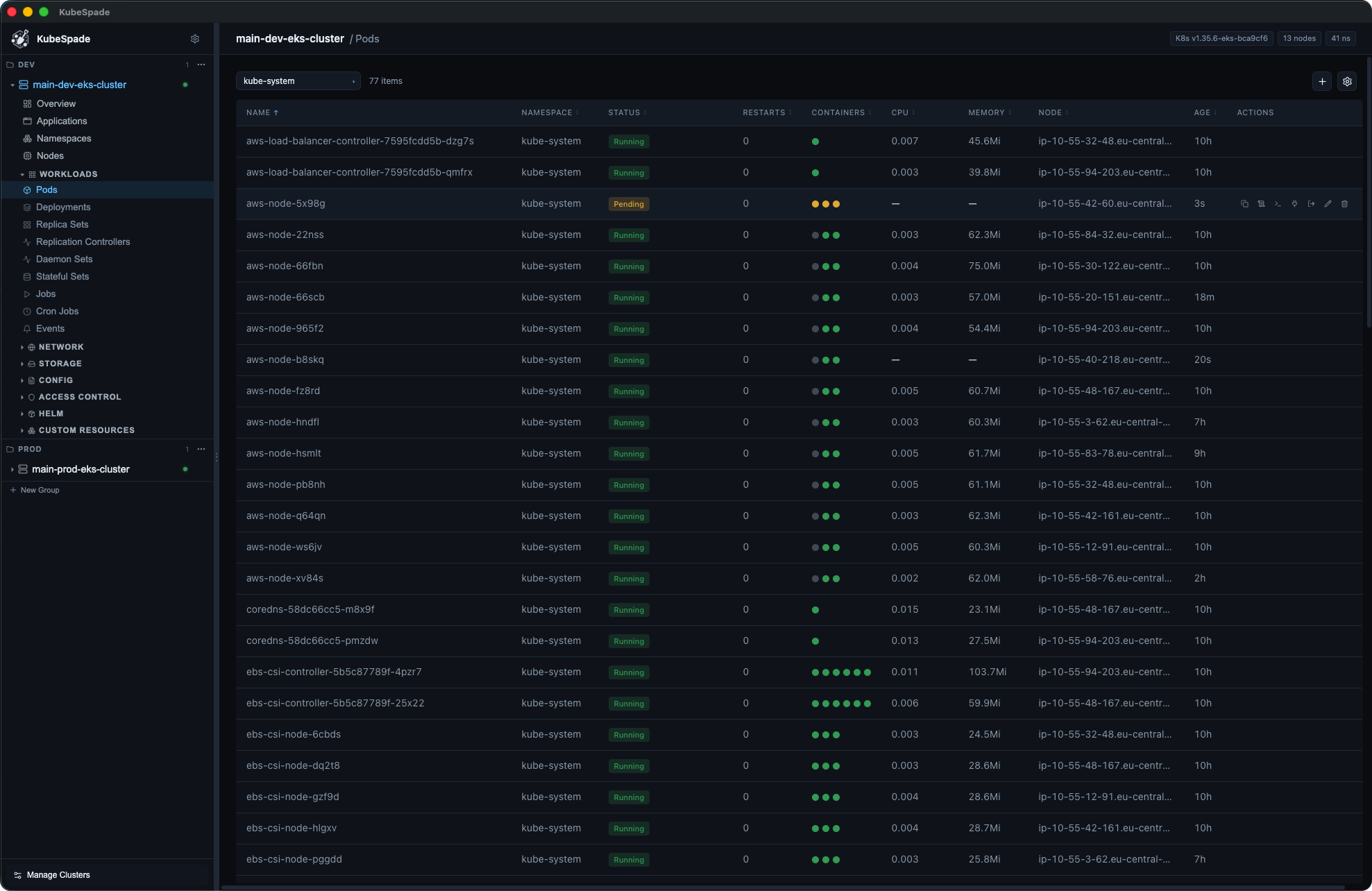 KubeSpade Kubernetes pods table with status, CPU, memory, and node columns