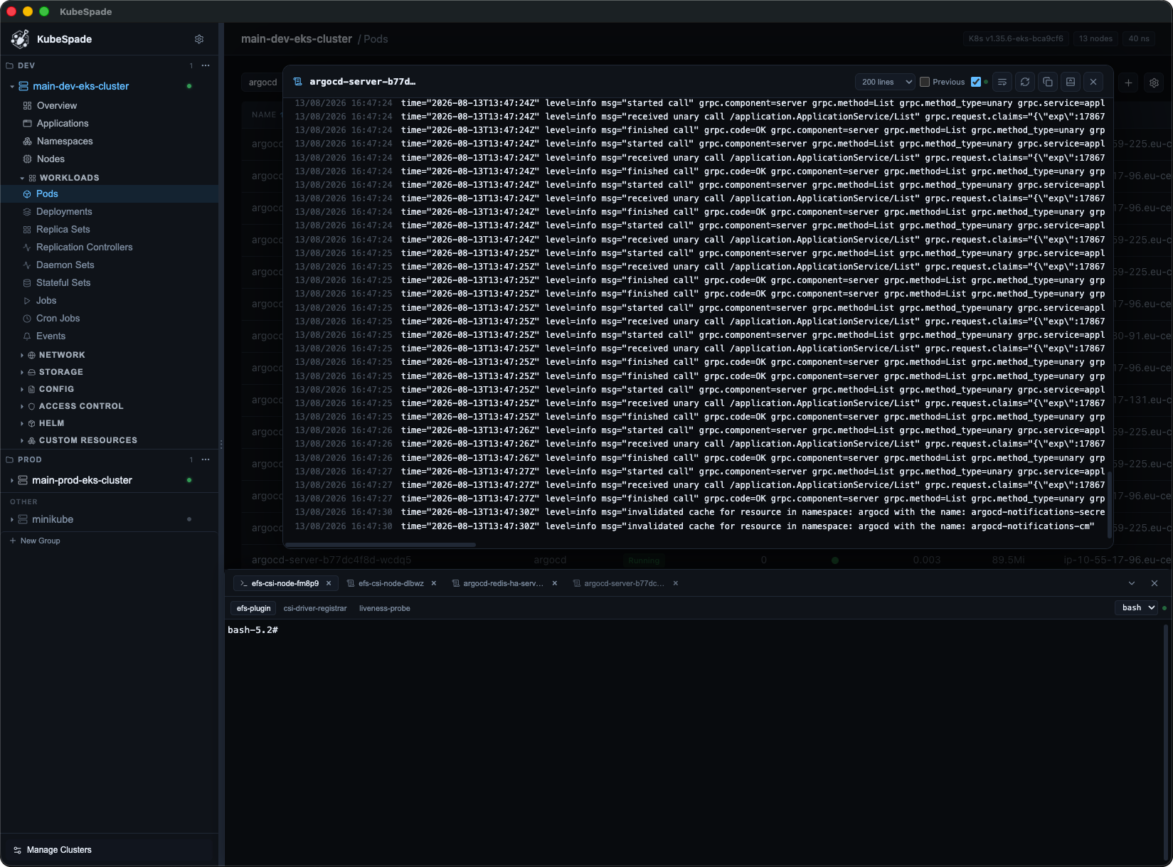 KubeSpade Kubernetes log viewer with container tabs and streaming output