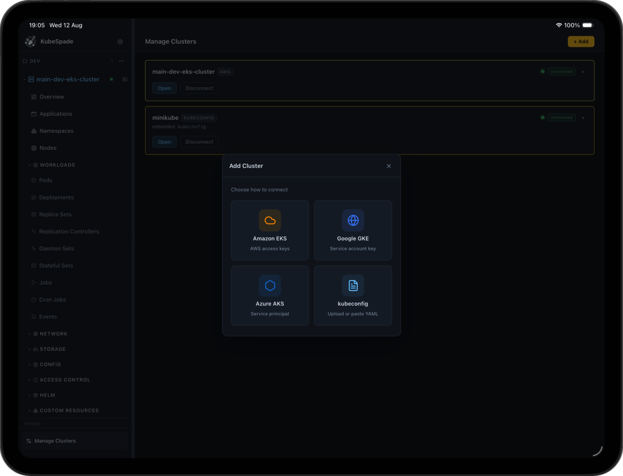 KubeSpade iPad Add Cluster dialog
