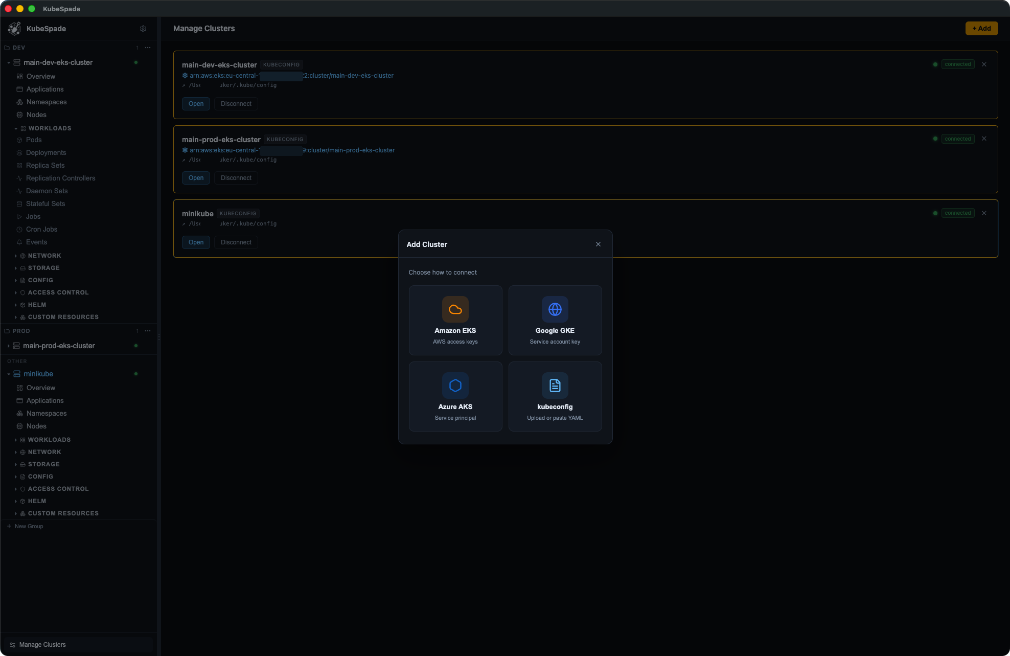 KubeSpade Add Cluster dialog for Amazon EKS, Google GKE, Azure AKS, and kubeconfig