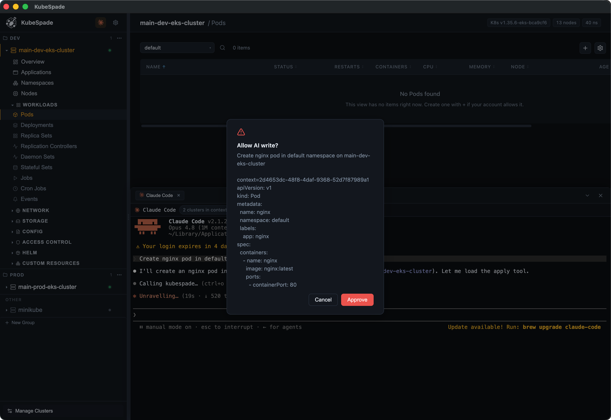 KubeSpade Allow AI write dialog to approve creating an nginx pod