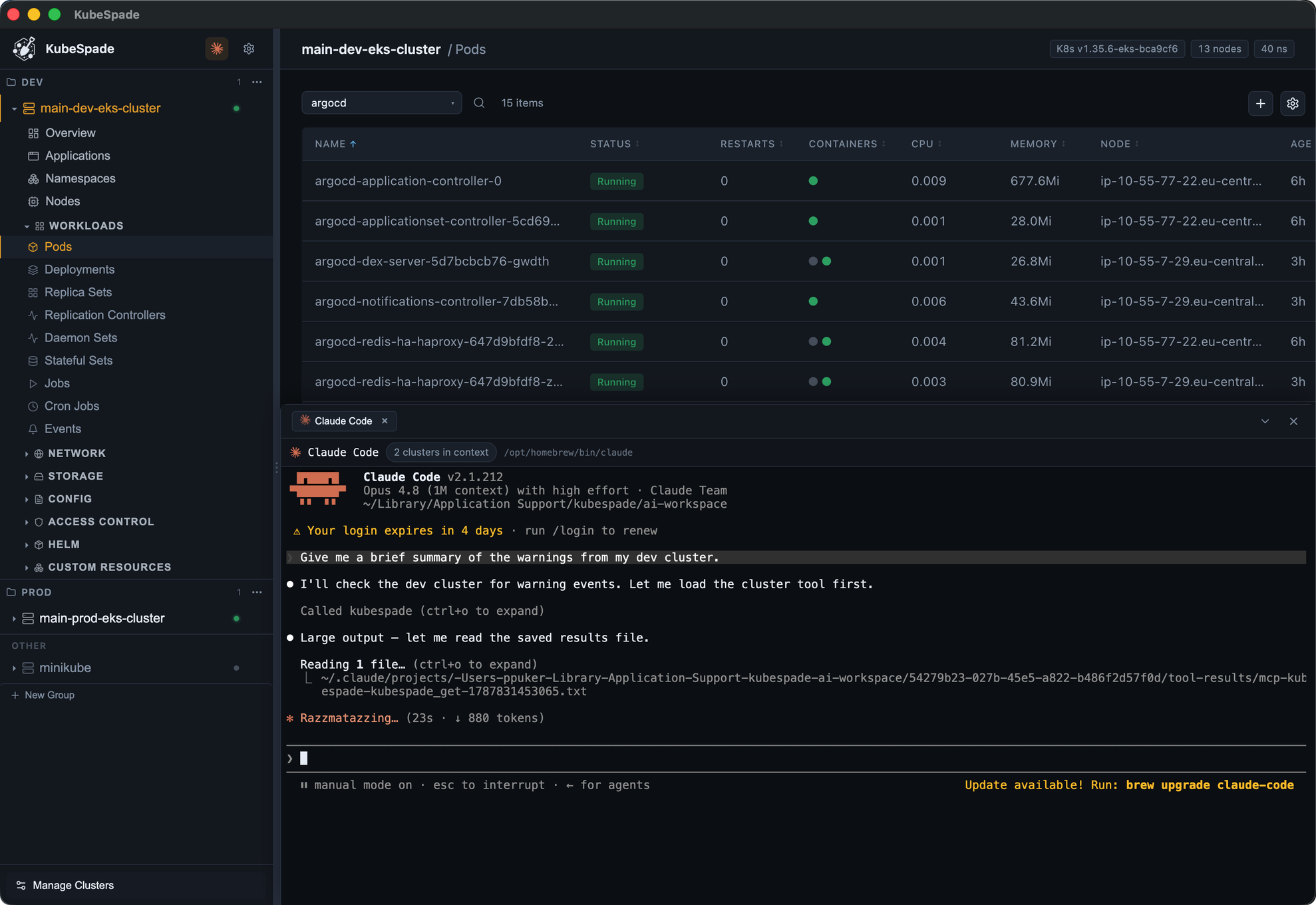 KubeSpade Desktop with Claude Code summarizing warnings from a connected cluster