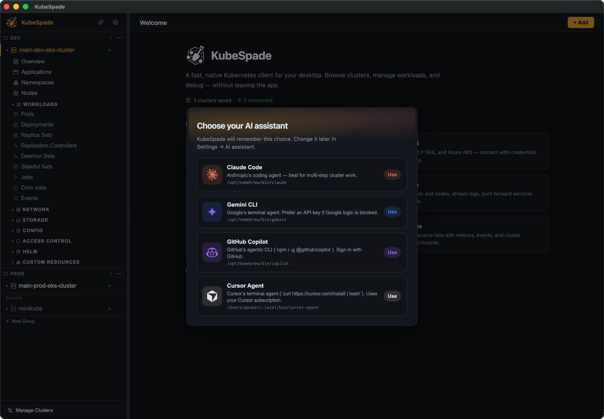 KubeSpade Choose your AI assistant dialog with Claude, Gemini, Codex, Copilot, and Cursor