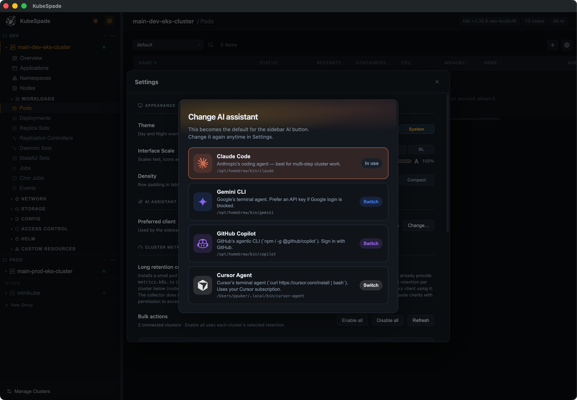 Change AI assistant dialog showing preferred clients including Cursor