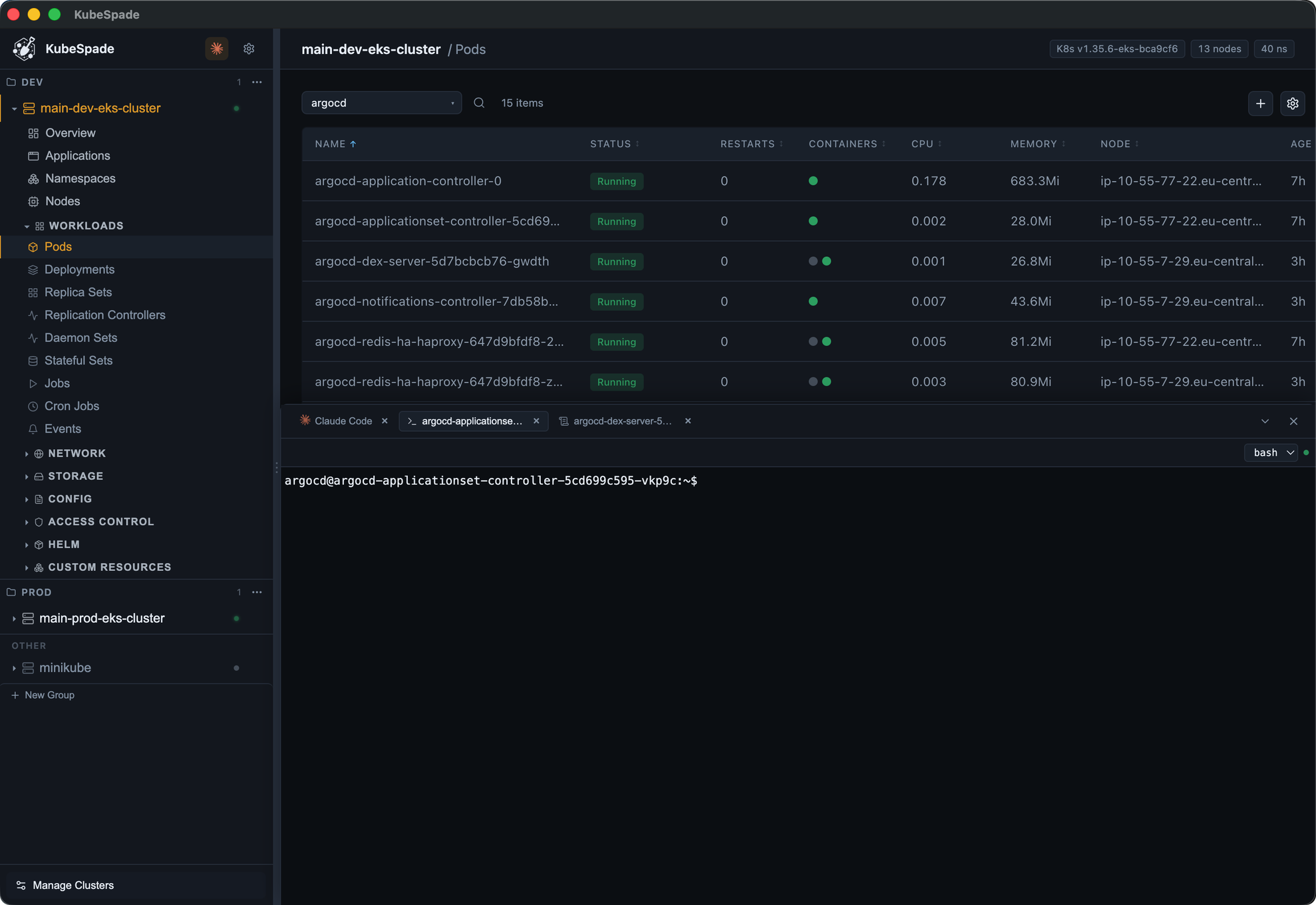KubeSpade workbench with Claude Code, pod exec, and logs tabs